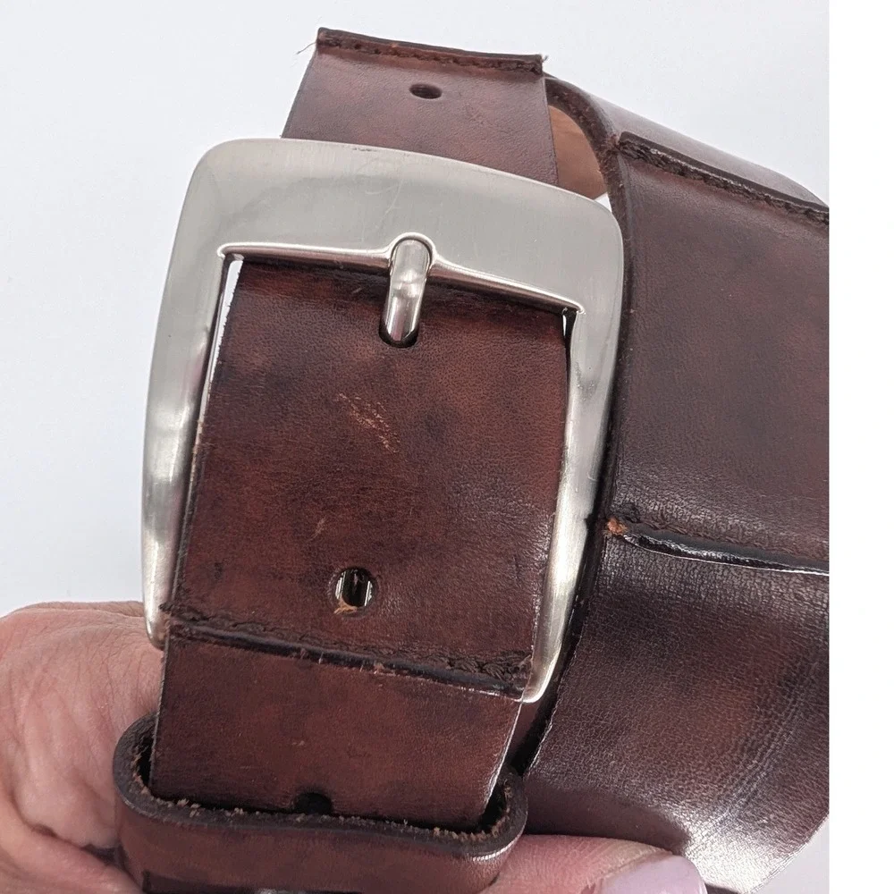 Cole Haan Belt Mens 38 Brown Italian Handcrafted Leather Paneled Silver Buckle